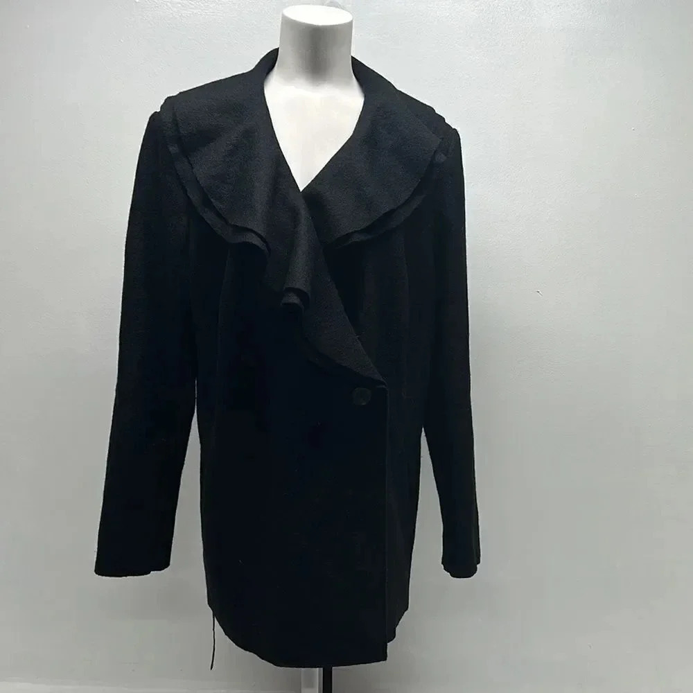 Lafayette 148 New York 100% Wool Jacket Coat 1 Button Ruffled Black Plus Size 16